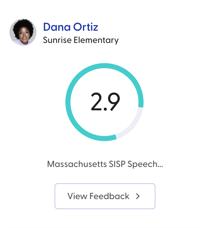 Teacher evaluation card showing Dana Ortiz from Sunrise Elementary with a 2.9 score